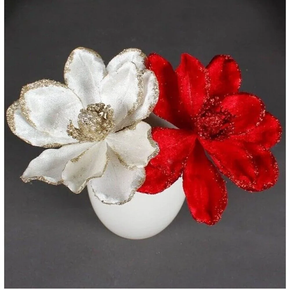 10- Glitter Christmas Flowers 6.75” Artificial Magnolia Flower Wedding Spring